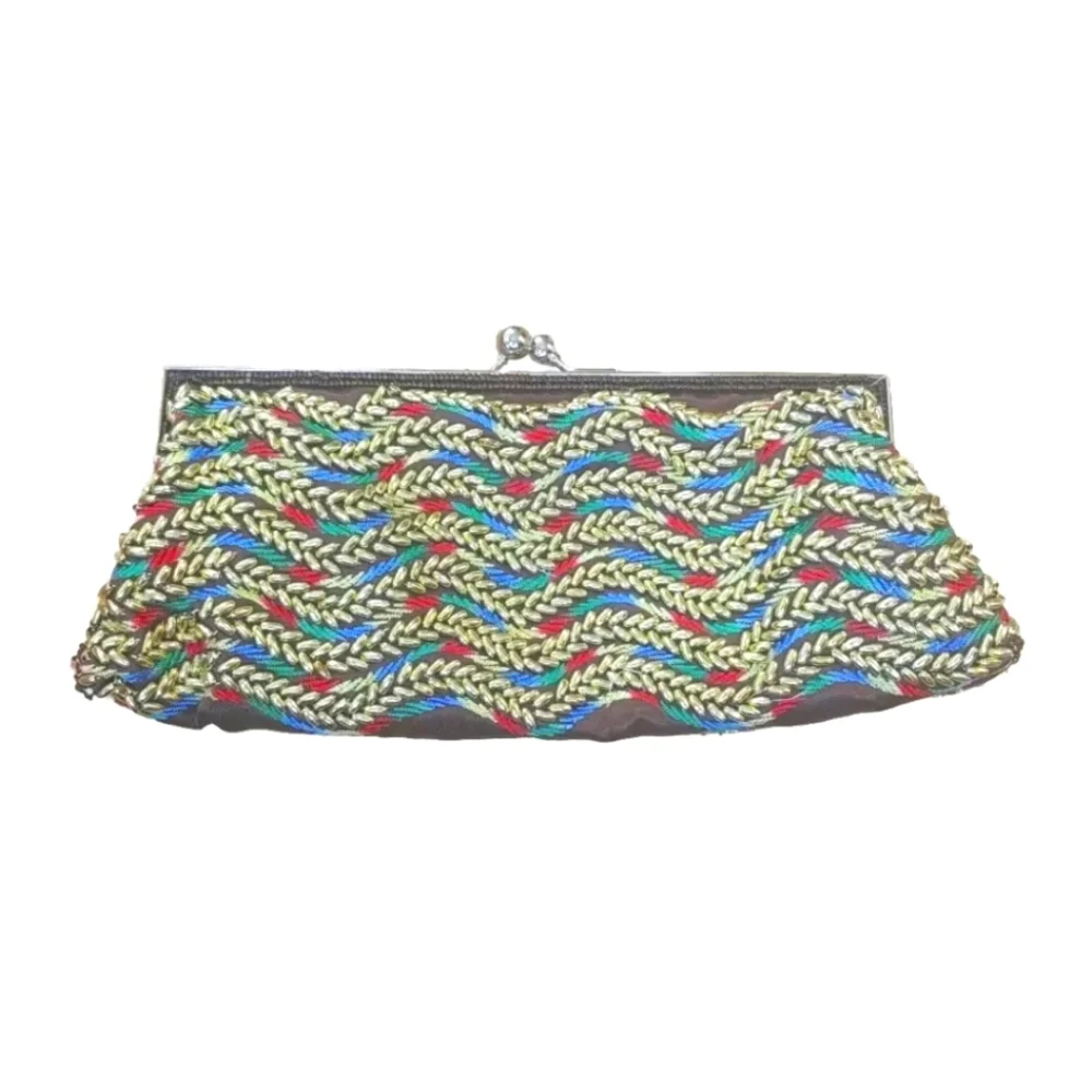 Cocktail Party Clutch Purse Beaded Rainbow Embroidered Silver Chain Strap Vtg